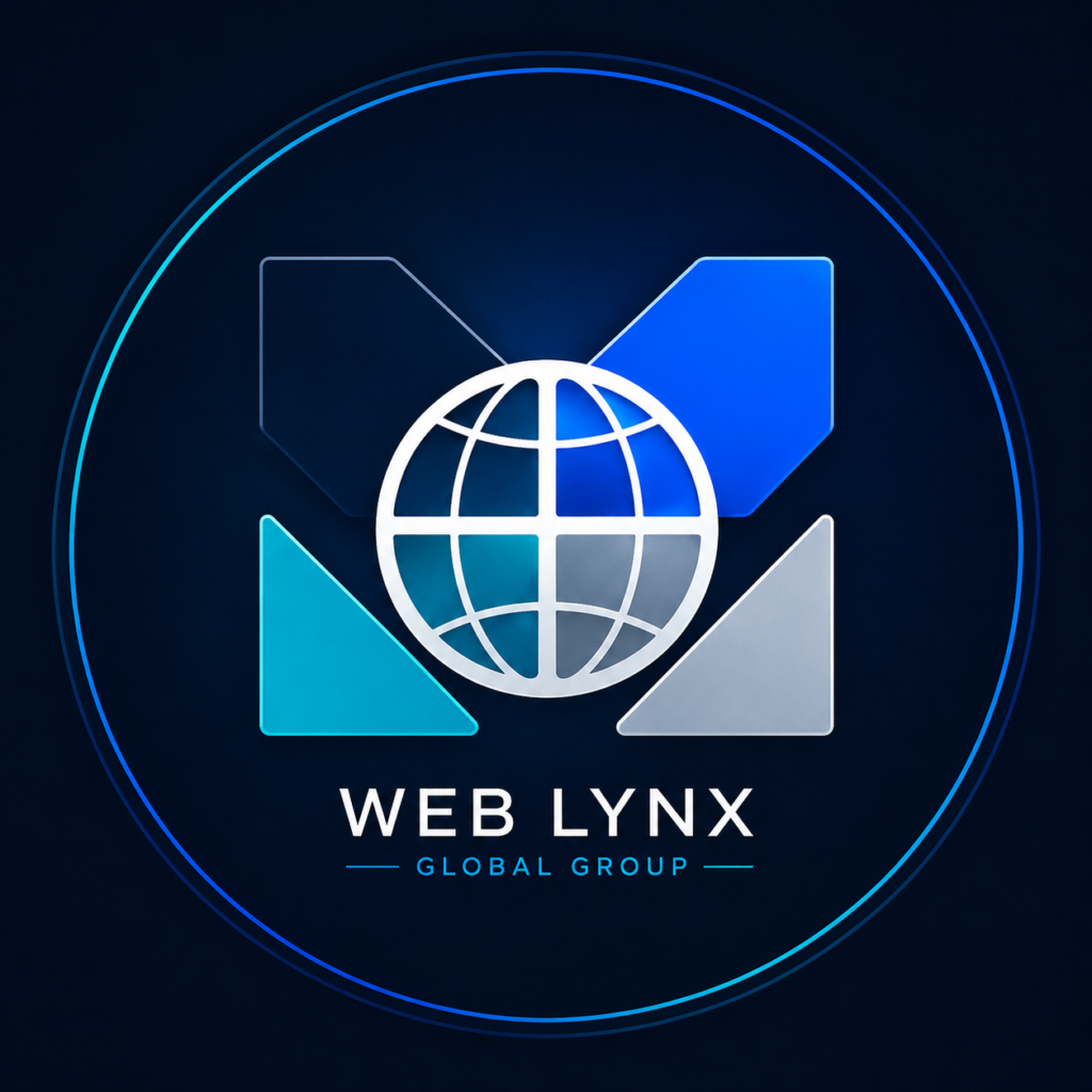 Web Lynx Global Group logo with a white globe and blue chevrons on a dark blue background, no people shown.