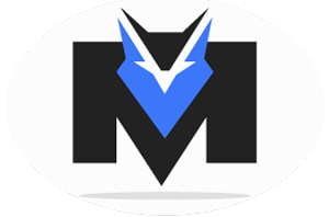 Brand logo showing a bold black 'M' with a blue angular emblem and white accents on a white oval background.